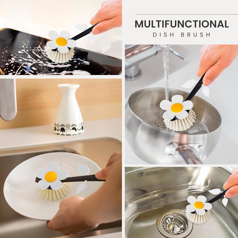 Vigar Flower Power Dish Brush with Vase Brush Holder, Dish Brush with Handle for Pot Scrubber, Dishes, Sink, and Kitchen Essentials, White, Black - Image 5
